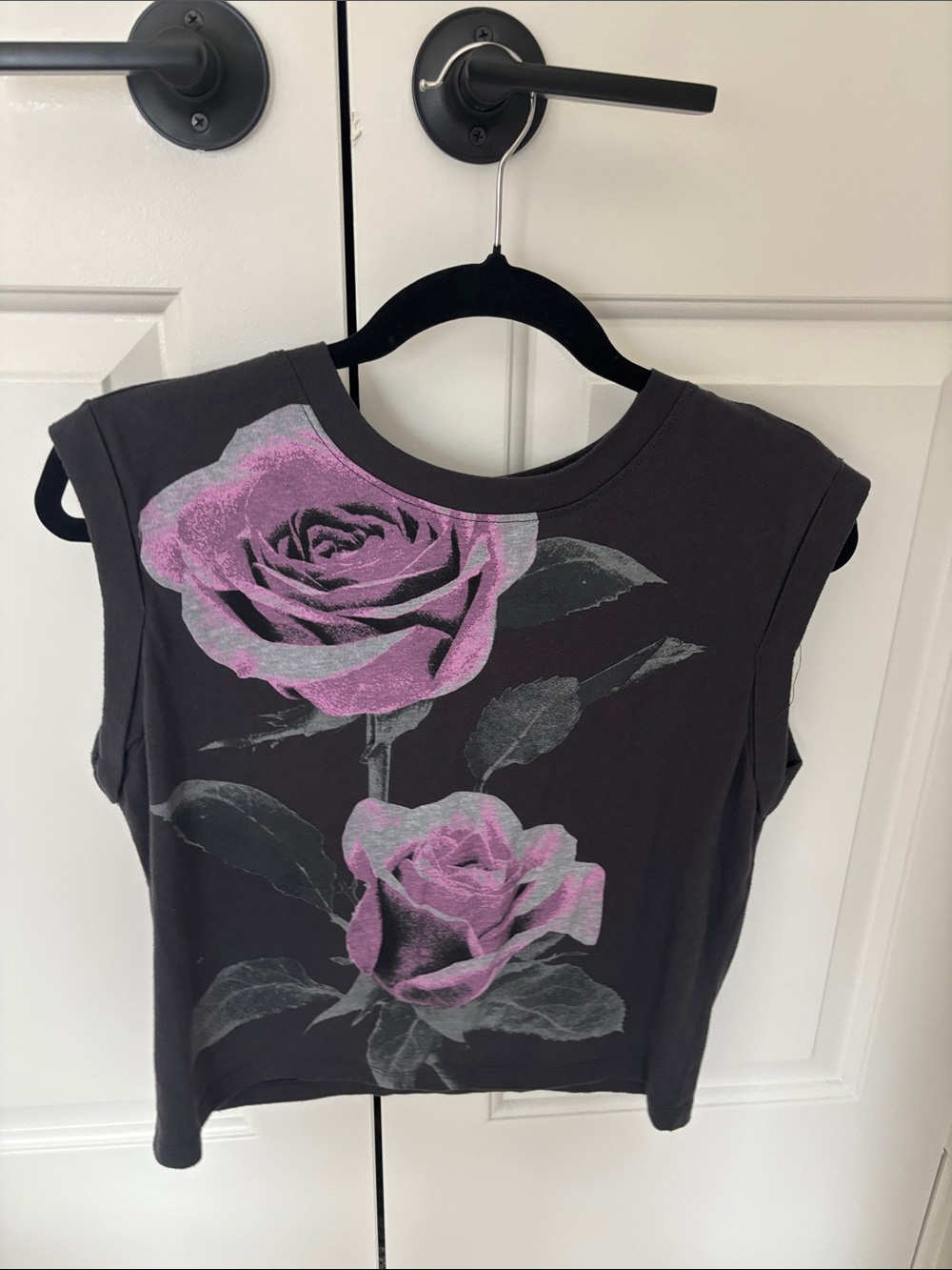 Grey Sleeveless Crop Top with Purple Rose Graphic